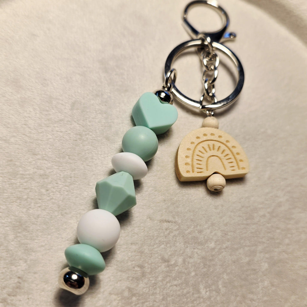 Mint & Neutral Keychain with Wooden Rainbow | Minimalist Beaded Charm | Handmade in Australia