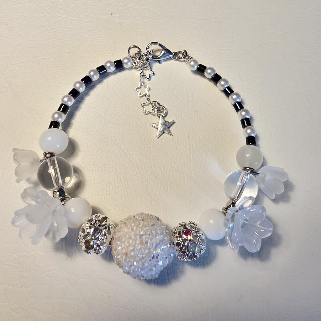 Crystal Snowflower Bracelet | Handmade White Bead Bracelet | Adjustable One of a Kind Gift