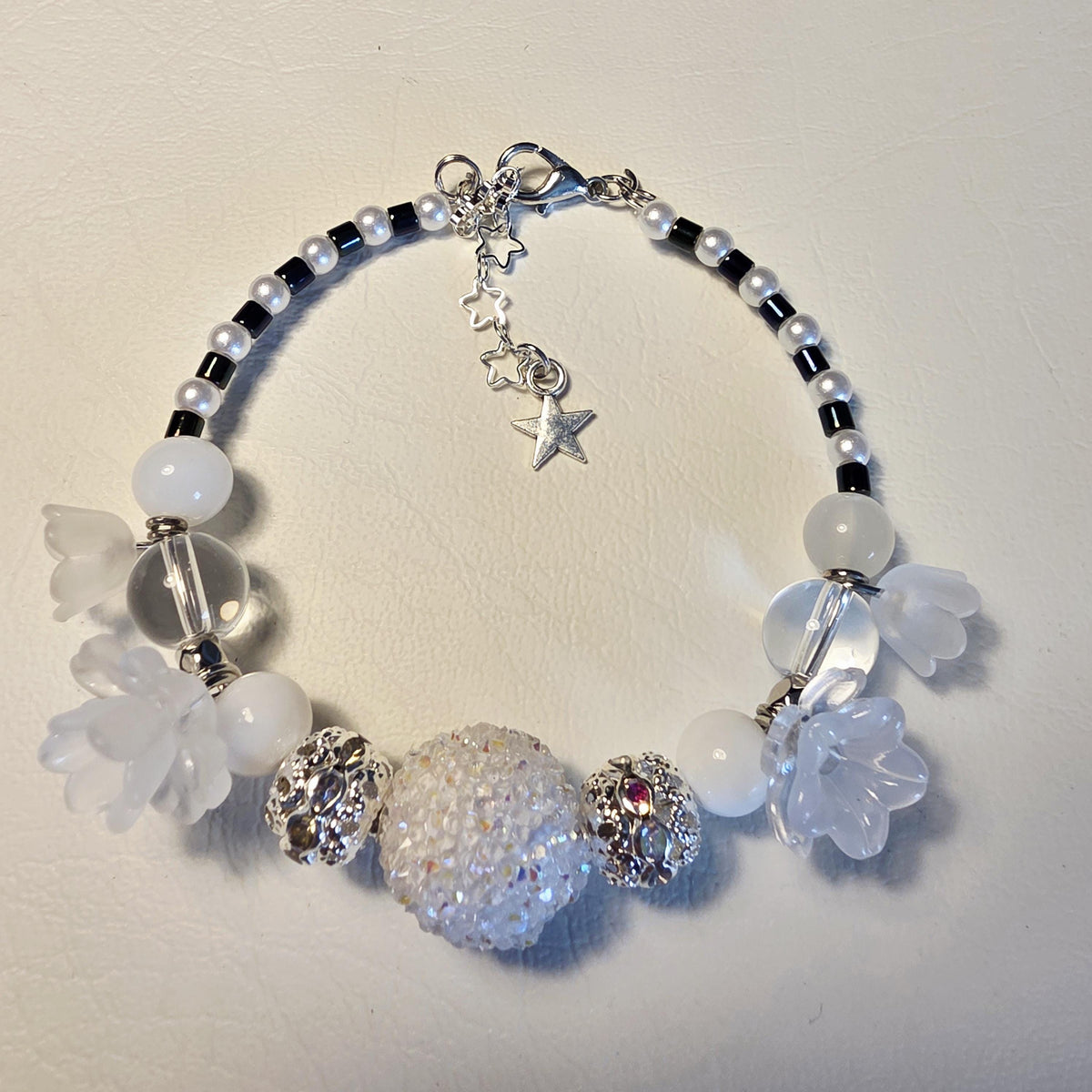 Crystal Snowflower Bracelet | Handmade White Bead Bracelet | Adjustable One of a Kind Gift