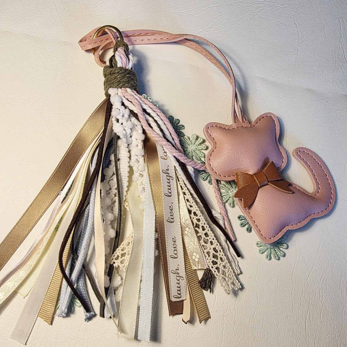 Dusky Pink Faux Leather Cat Bag Charm | Handmade Tassel Keychain