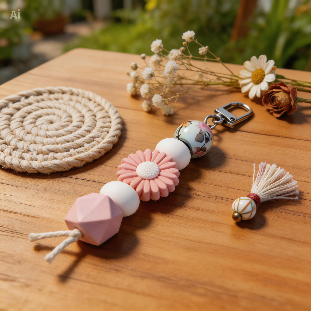 Blush Floral Daisy Bag Charm | Boho Keyring | Handmade Pastel Bead Charm