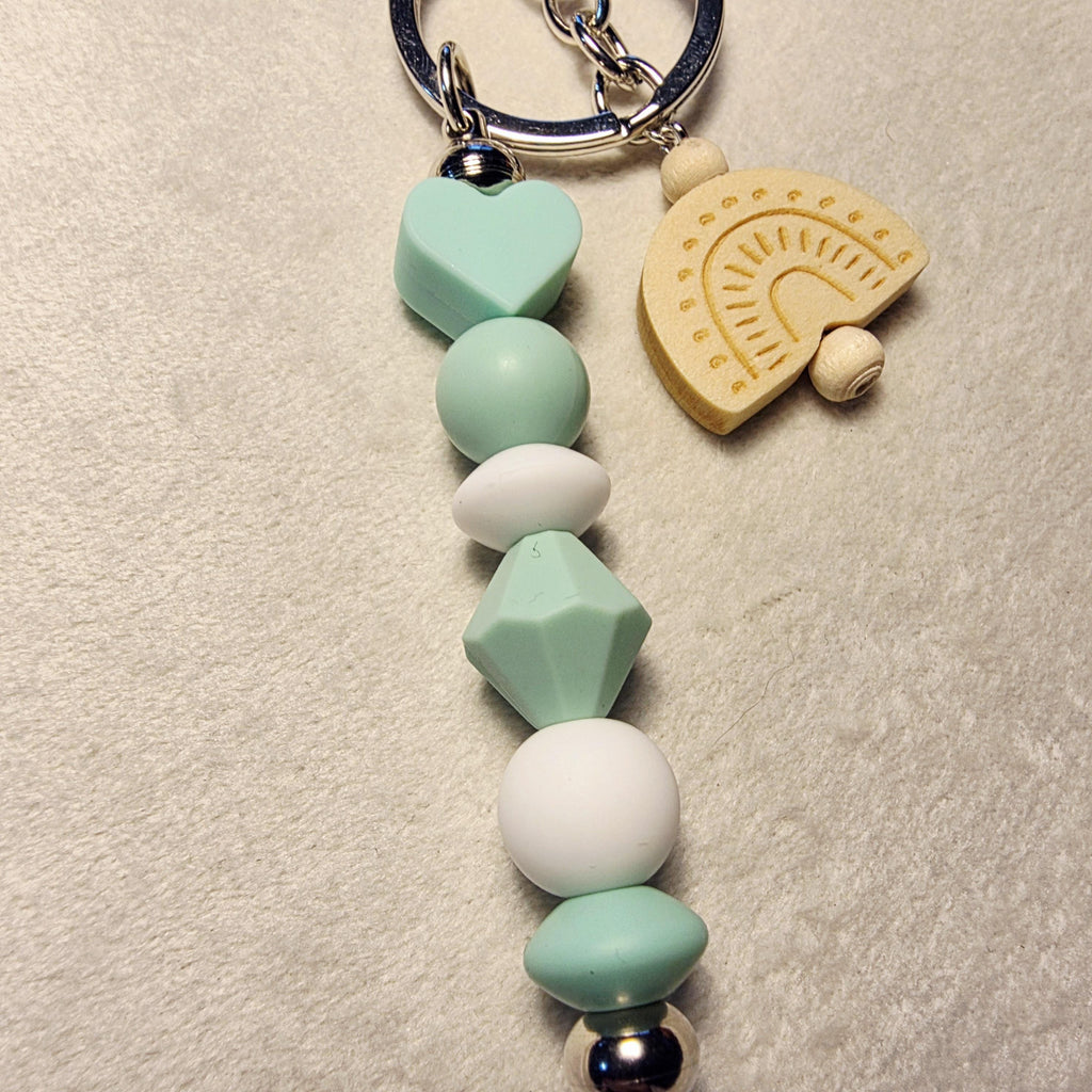 Mint & Neutral Keychain with Wooden Rainbow | Minimalist Beaded Charm | Handmade in Australia