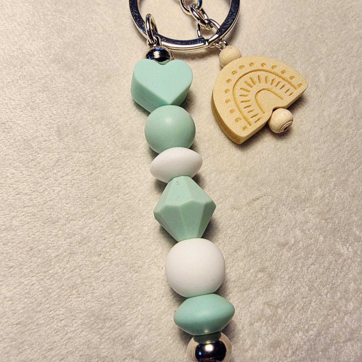 Mint & Neutral Keychain with Wooden Rainbow | Minimalist Beaded Charm | Handmade in Australia