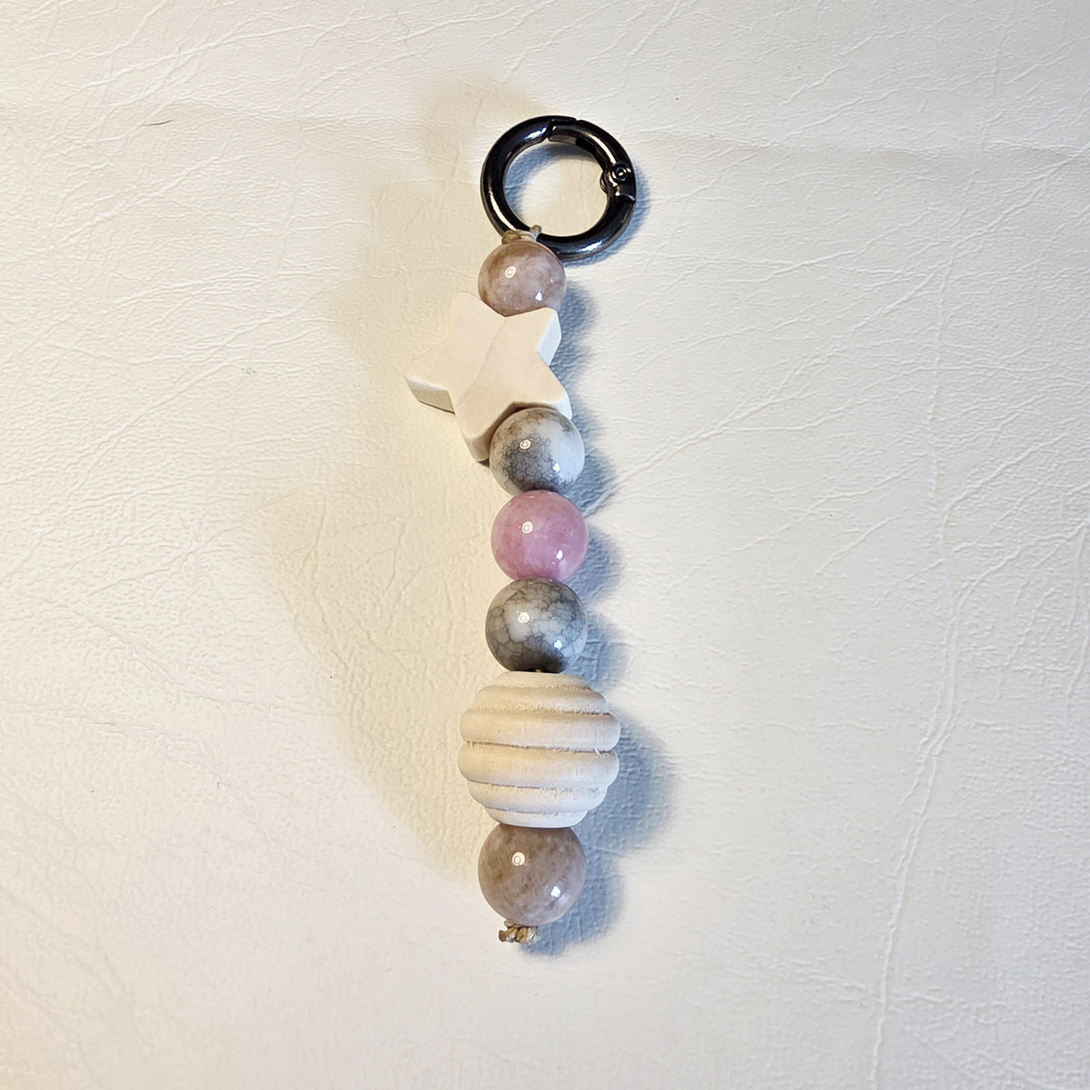 Natural Stone & Wooden Star Bag Charm | Boho Keyring | Handmade Earthy Accessory – Blush Grey
