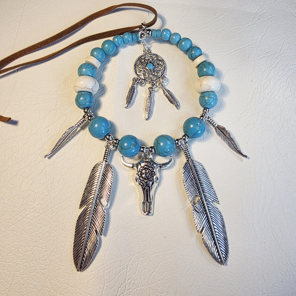 Western Cow Skull Car Mirror Hanger | Turquoise Dreamcatcher Boho Charm