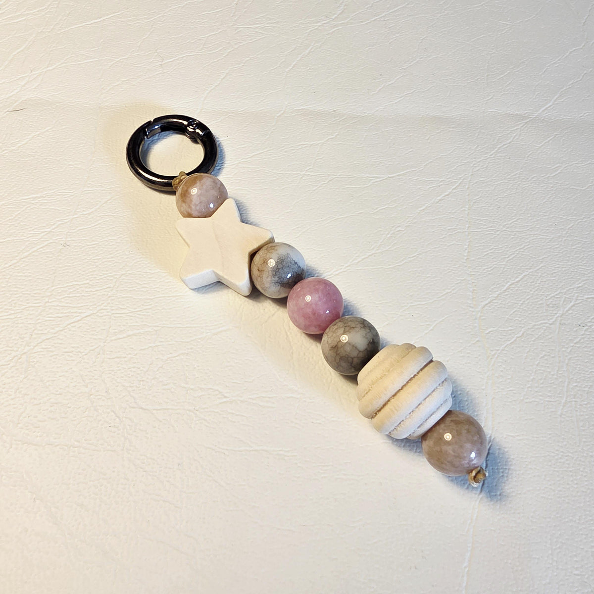 Natural Stone & Wooden Star Bag Charm | Boho Keyring | Handmade Earthy Accessory – Blush Grey