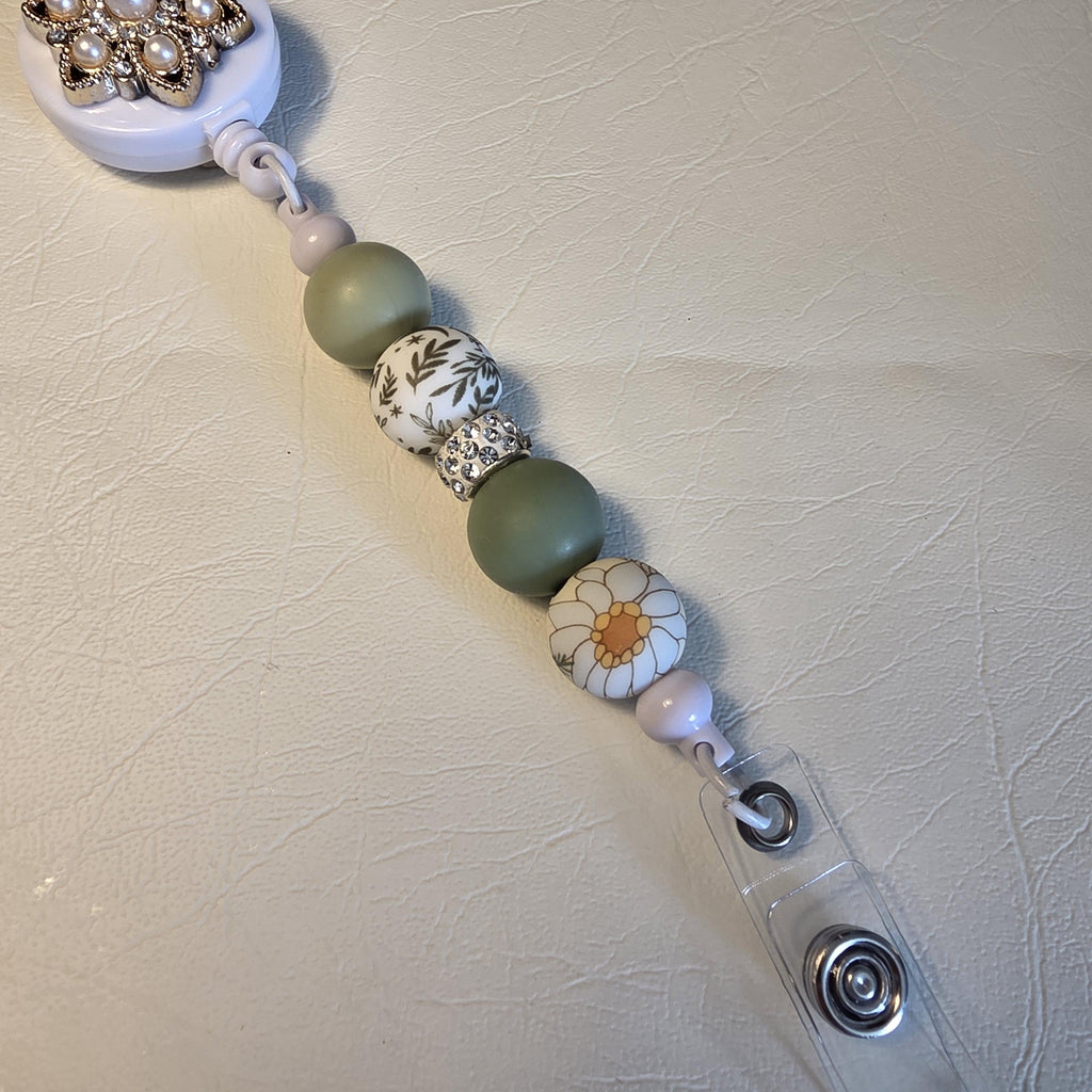 Olive Floral Badge Reel | Silicone Bead ID Holder | Retractable Lanyard | Nurse Teacher Gift