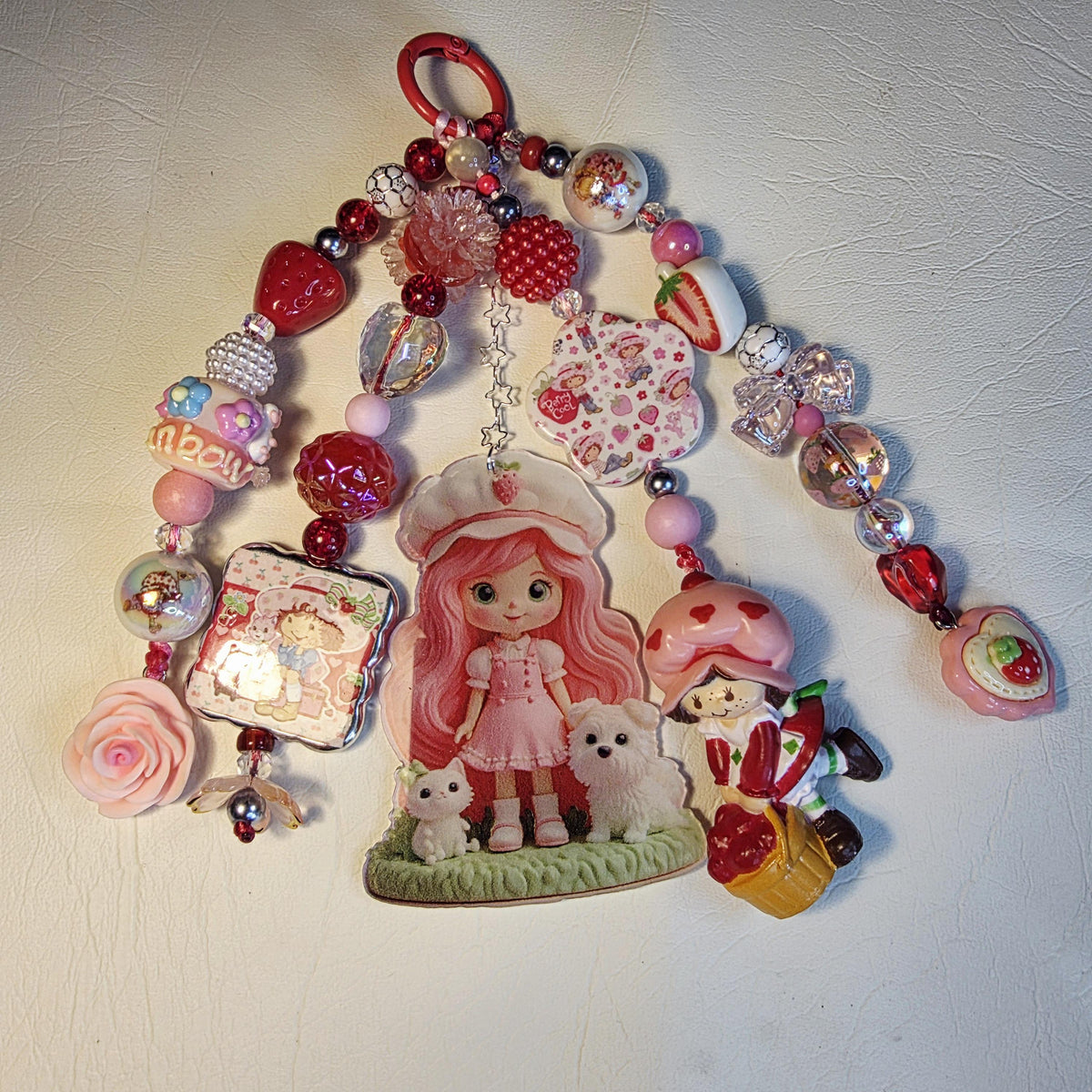 Strawberry Shortcake Bag Charm | Cute Pink Beaded Keychain | Nostalgic Y2K Accessory | Handmade Purse Charm