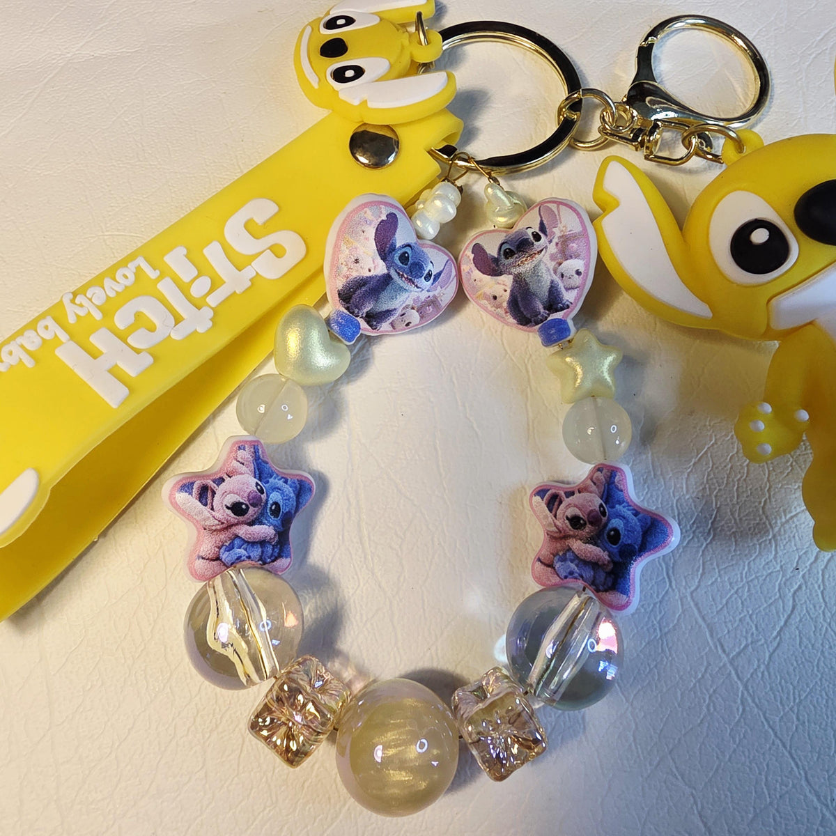 Stitch Inspired Bag Charm, Keychain, Yellow Beaded Strap, Cartoon Accessory