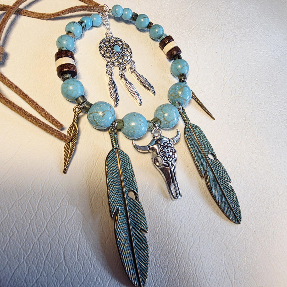 Western Cow Skull Rustic Car Mirror Hanger | Turquoise Boho Feather Dreamcatcher Decor