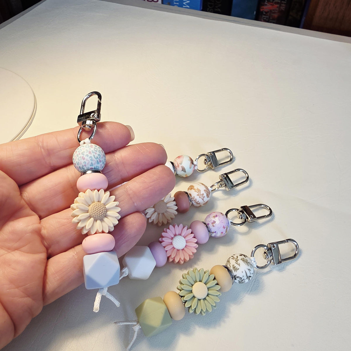 Blush Floral Daisy Bag Charm | Boho Keyring | Handmade Pastel Bead Charm