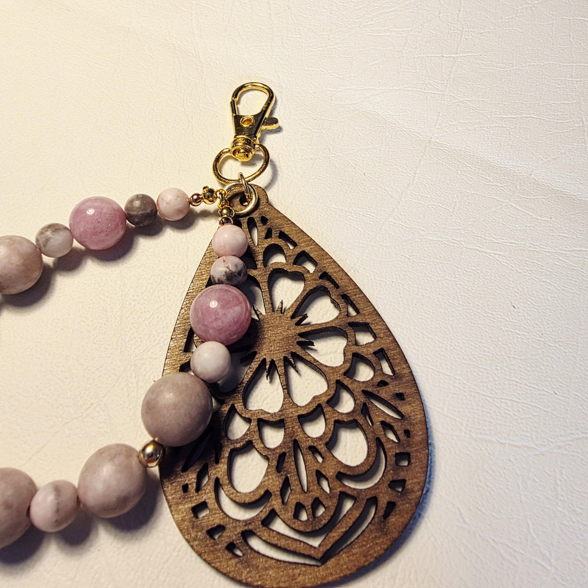 Blush Boho Wood & Stone Keychain | Handmade Earthy Bag Charm | One of a Kind Gift