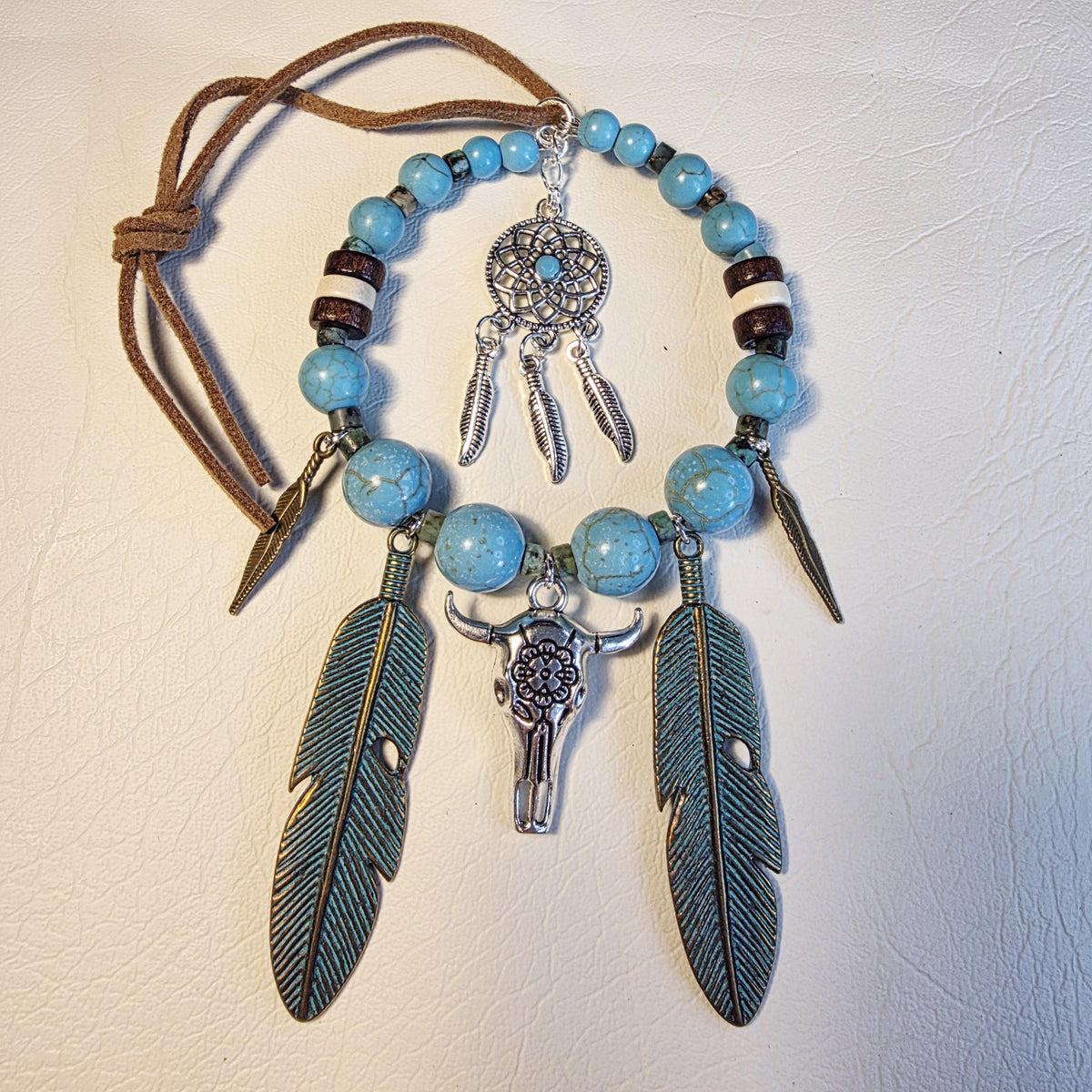 Western Cow Skull Rustic Car Mirror Hanger | Turquoise Boho Feather Dreamcatcher Decor