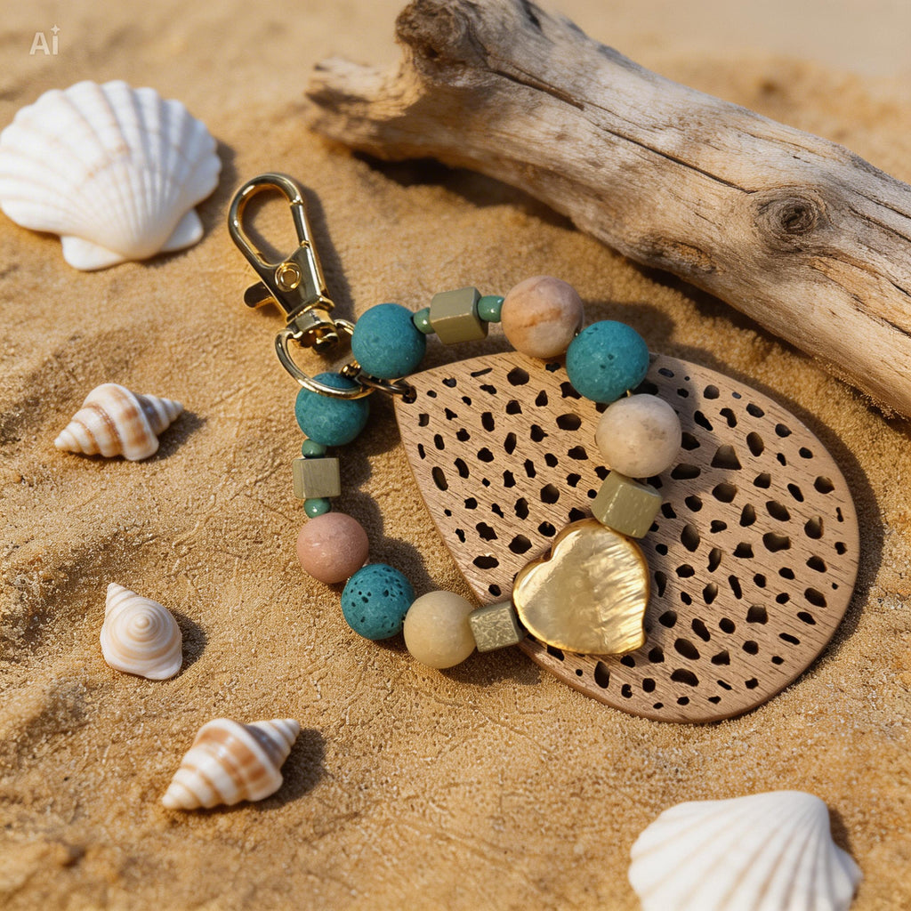 Boho Wood & Stone Keychain | Handmade Earthy Bag Charm | One of a Kind Gift