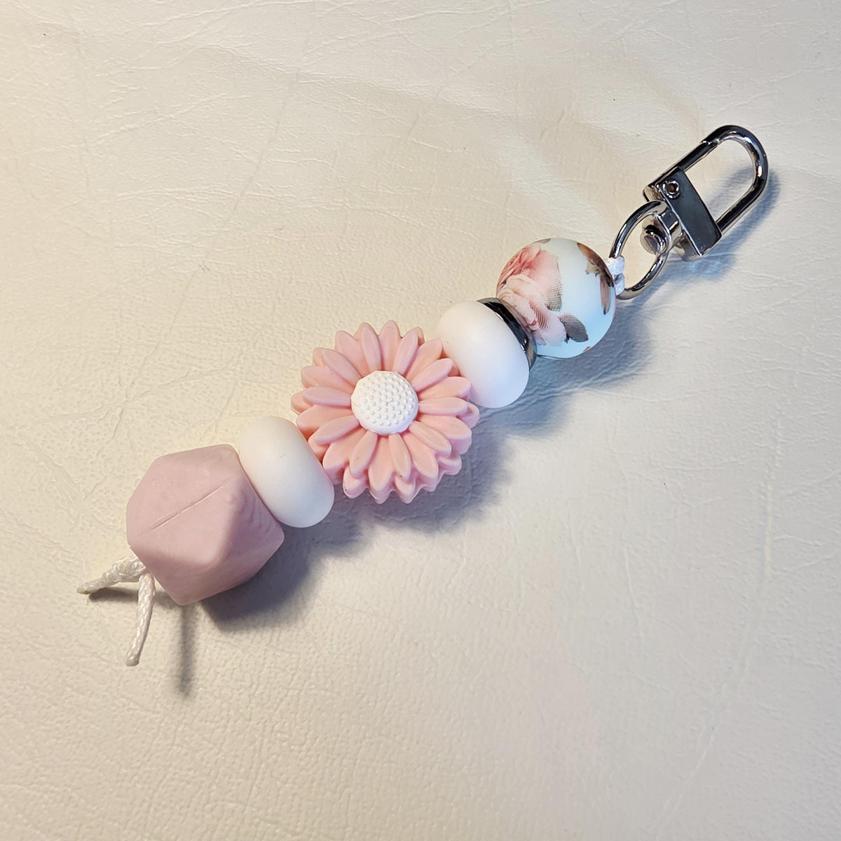 Blush Floral Daisy Bag Charm | Boho Keyring | Handmade Pastel Bead Charm