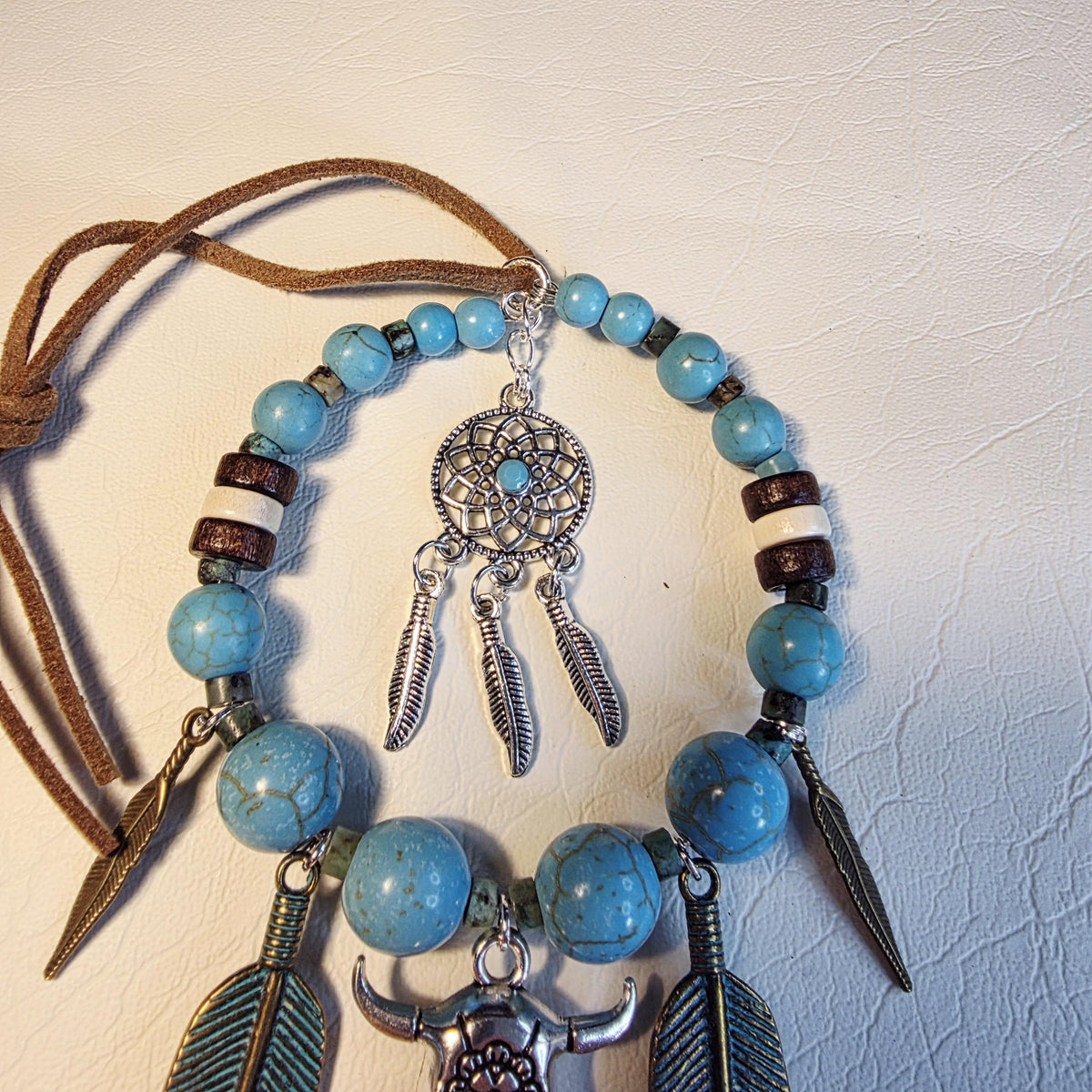 Western Cow Skull Rustic Car Mirror Hanger | Turquoise Boho Feather Dreamcatcher Decor