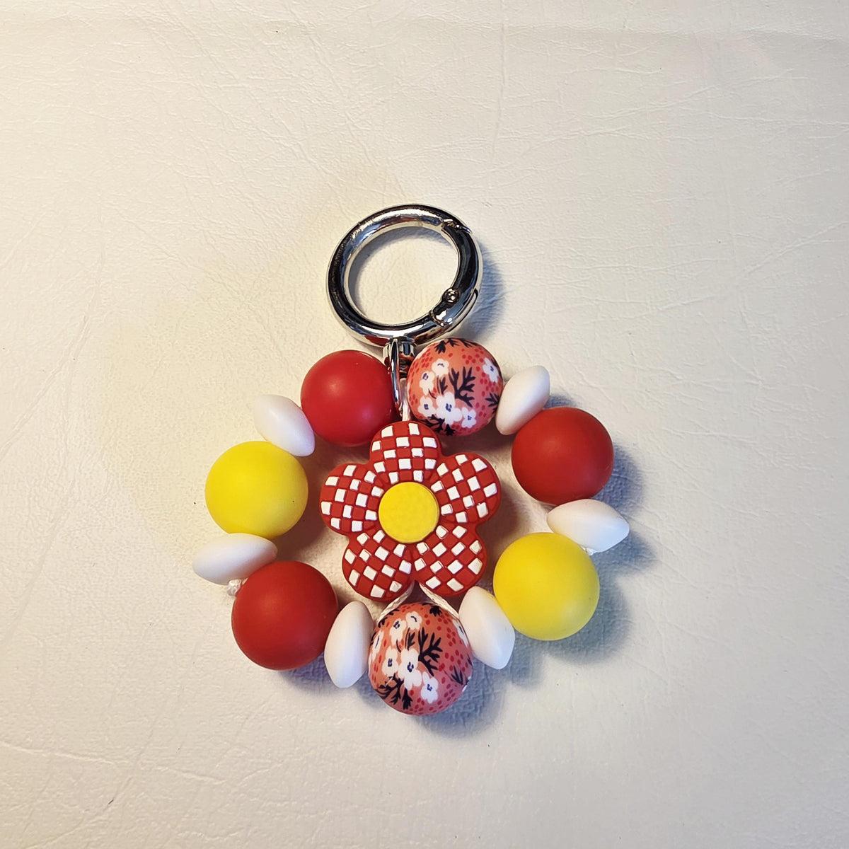 Red Daisy Silicone Keychain | Handmade Beaded Bag Charm | One of a Kind Gift