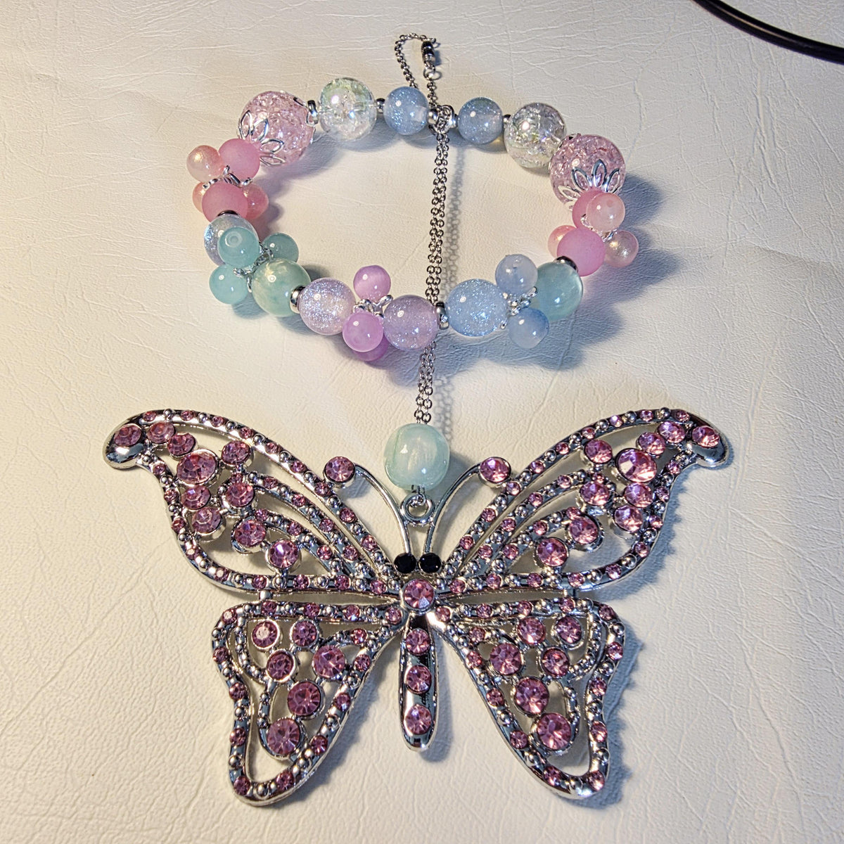 Pastel Butterfly Car Hanger | Handmade Rear View Mirror Charm | One of a Kind Car Accessory | Crystal Butterfly Decor