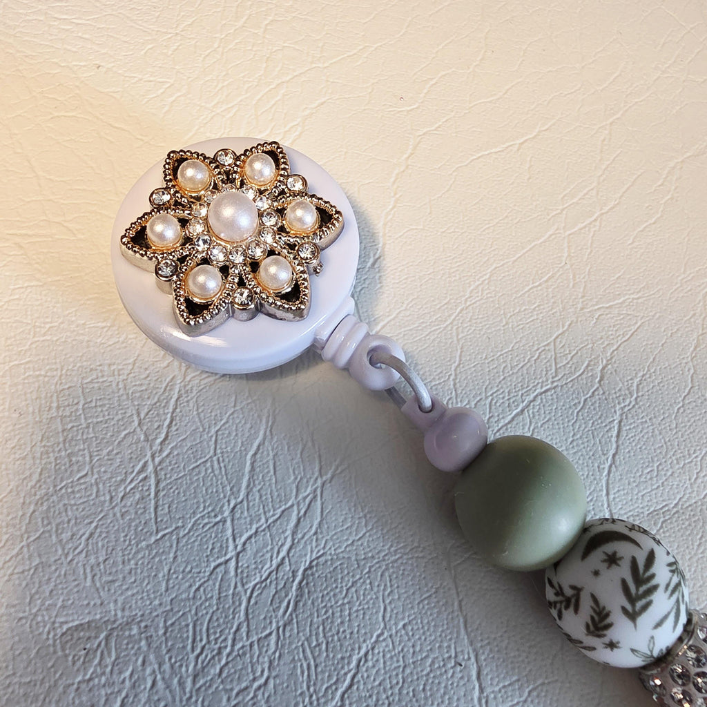Olive Floral Badge Reel | Silicone Bead ID Holder | Retractable Lanyard | Nurse Teacher Gift