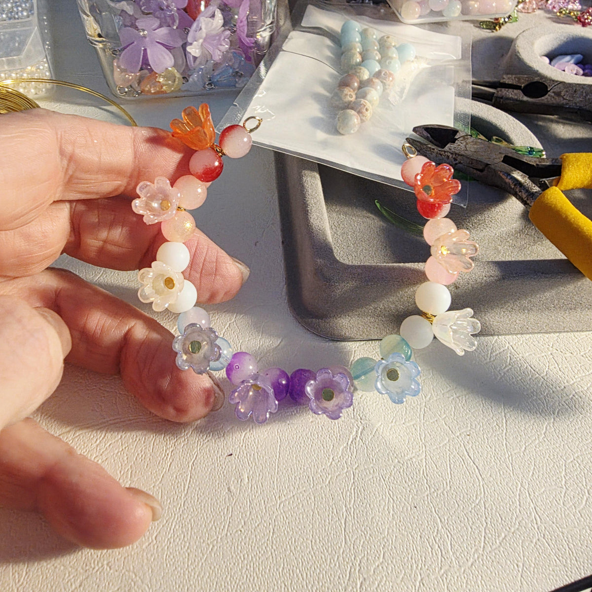 Pastel Garden Flower Bracelet | Handmade Rainbow Bead Bracelet | Adjustable One of a Kind Gift