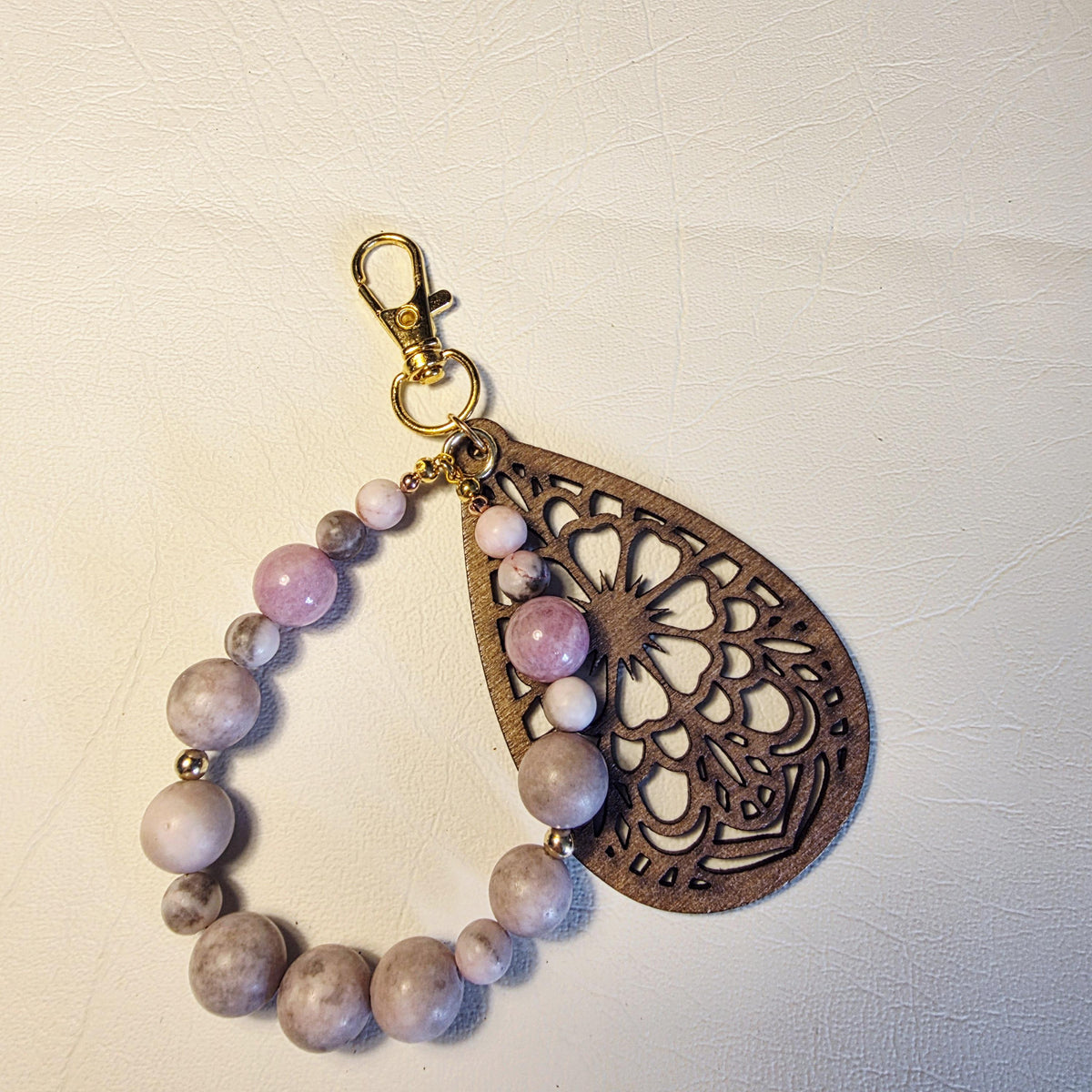 Blush Boho Wood & Stone Keychain | Handmade Earthy Bag Charm | One of a Kind Gift