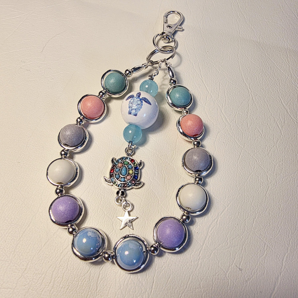 Pastel Turtle Charm Keychain | Silver Ocean Beaded Bag Charm | Handmade Coastal