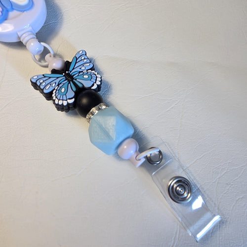 Blue Butterfly Badge Reel | Silicone Bead Retractable ID Holder | Cute Butterfly Lanyard