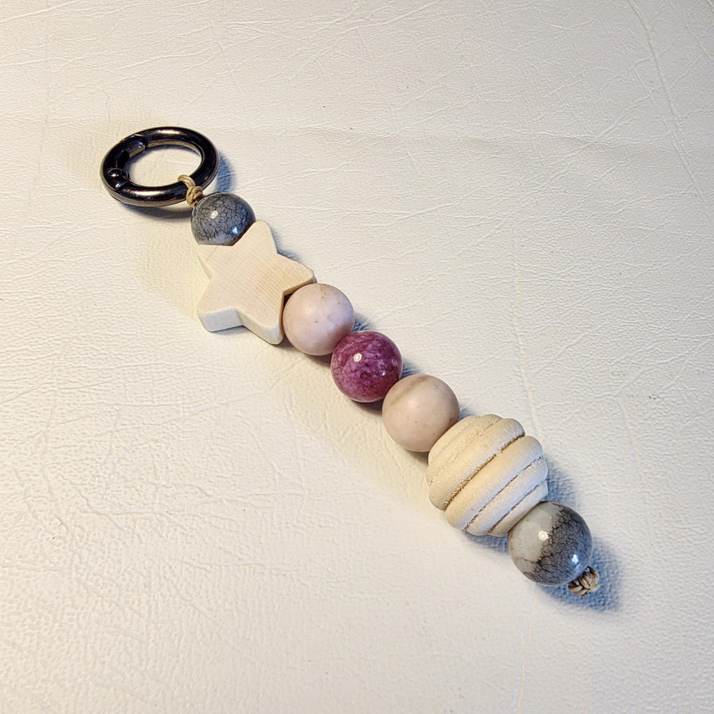 Natural Stone & Wooden Star Bag Charm | Handmade Earthy Keyring | Boho Bead Accessory – dawn sky