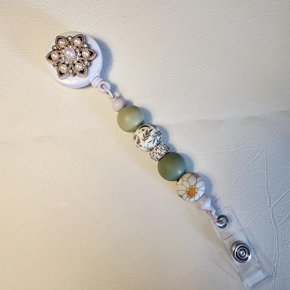 Olive Floral Badge Reel | Silicone Bead ID Holder | Retractable Lanyard | Nurse Teacher Gift