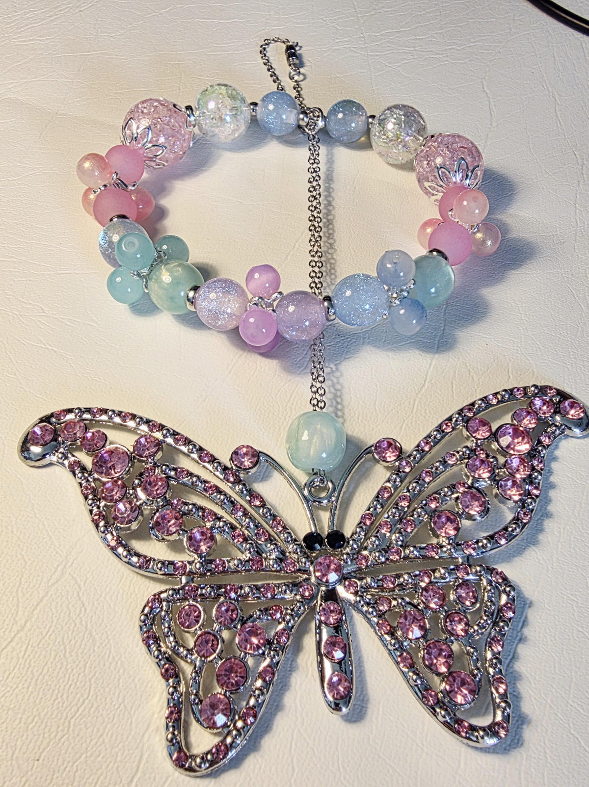 Pastel Butterfly Car Hanger | Handmade Rear View Mirror Charm | One of a Kind Car Accessory | Crystal Butterfly Decor