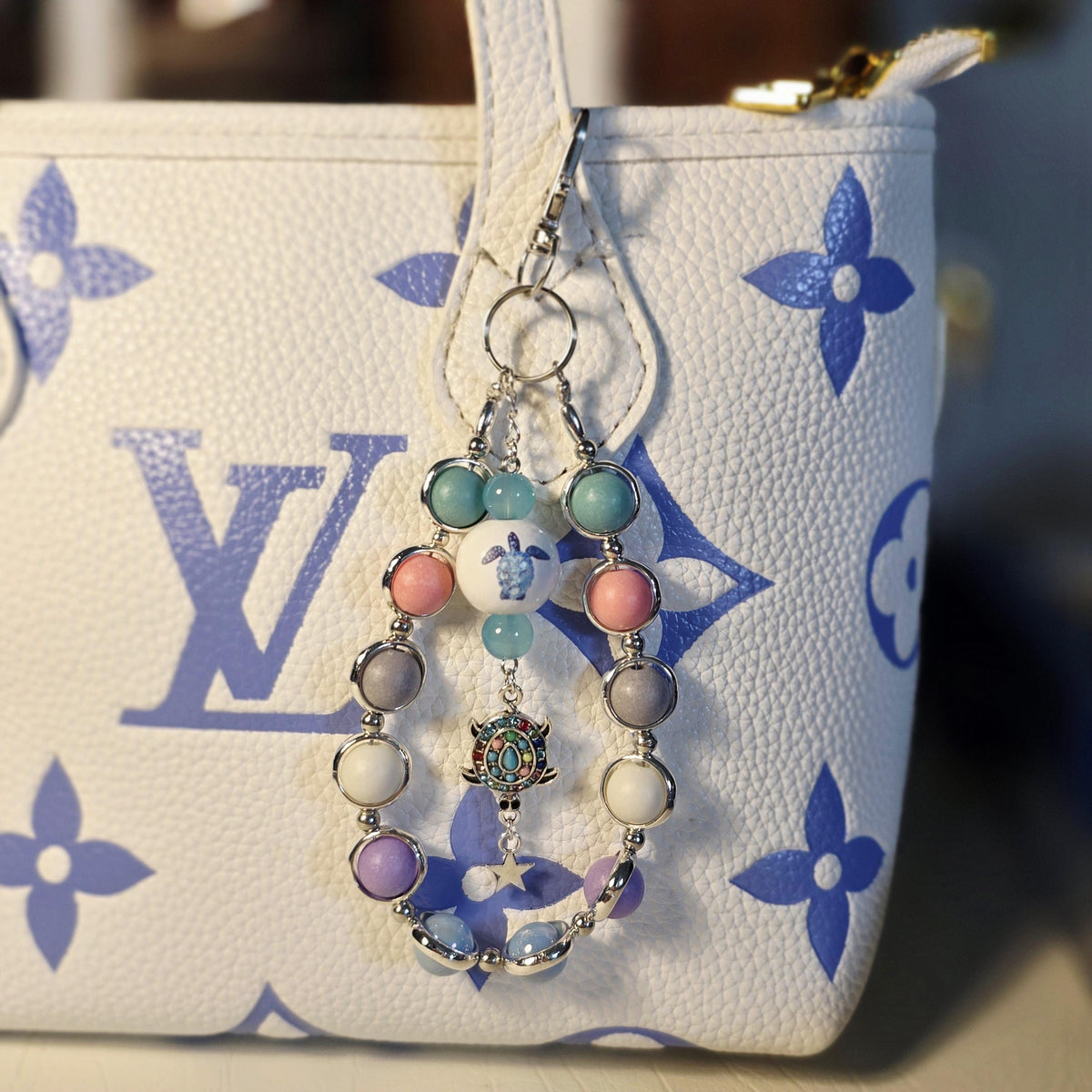 Pastel Turtle Charm Keychain | Silver Ocean Beaded Bag Charm | Handmade Coastal
