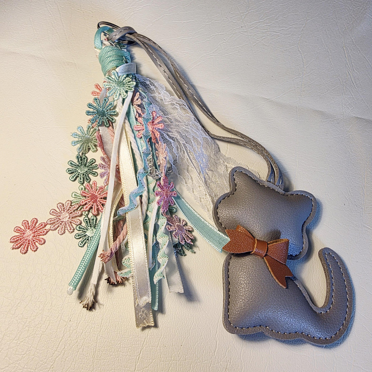Grey Faux Leather Cat Bag Charm | Handmade Tassel Keychain