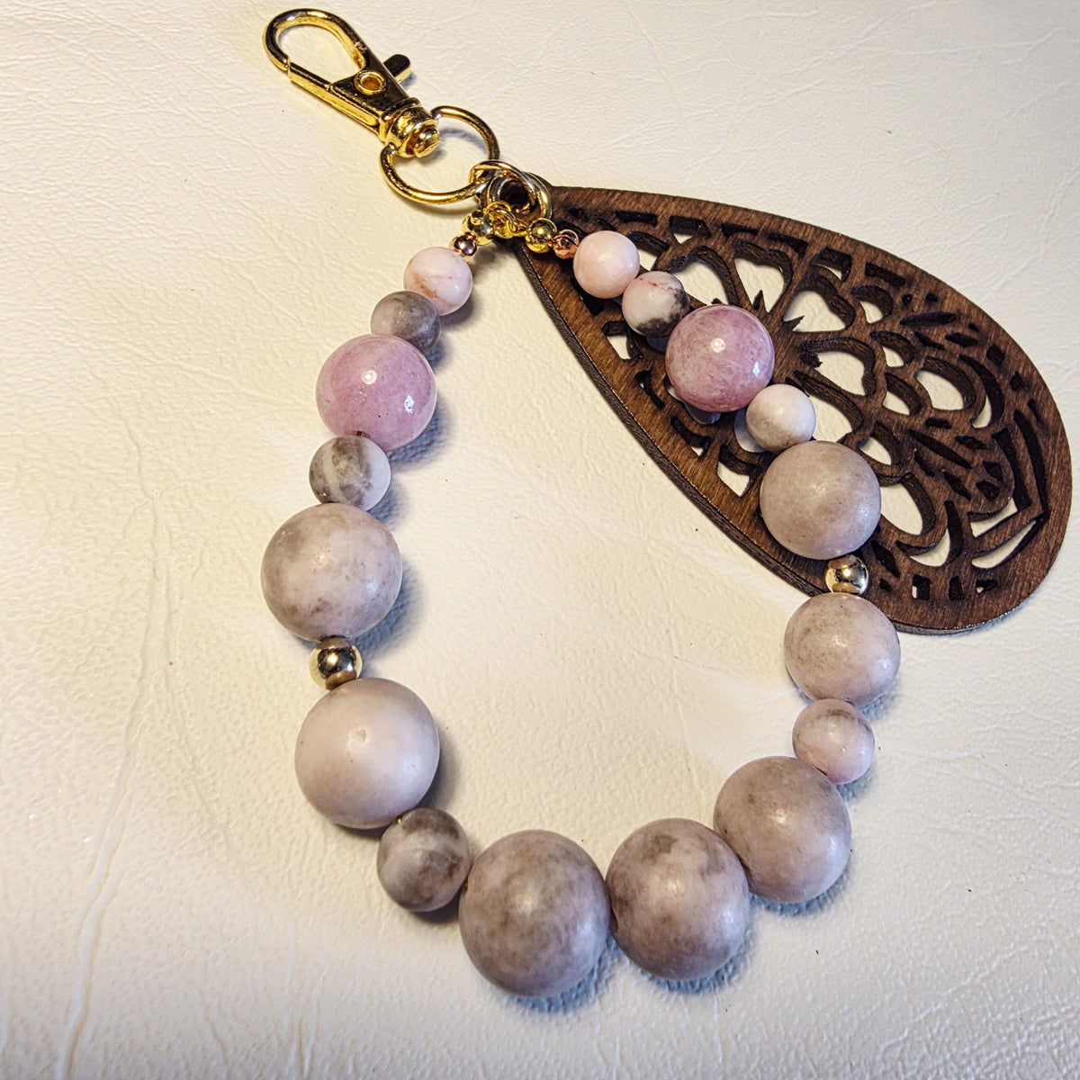 Blush Boho Wood & Stone Keychain | Handmade Earthy Bag Charm | One of a Kind Gift
