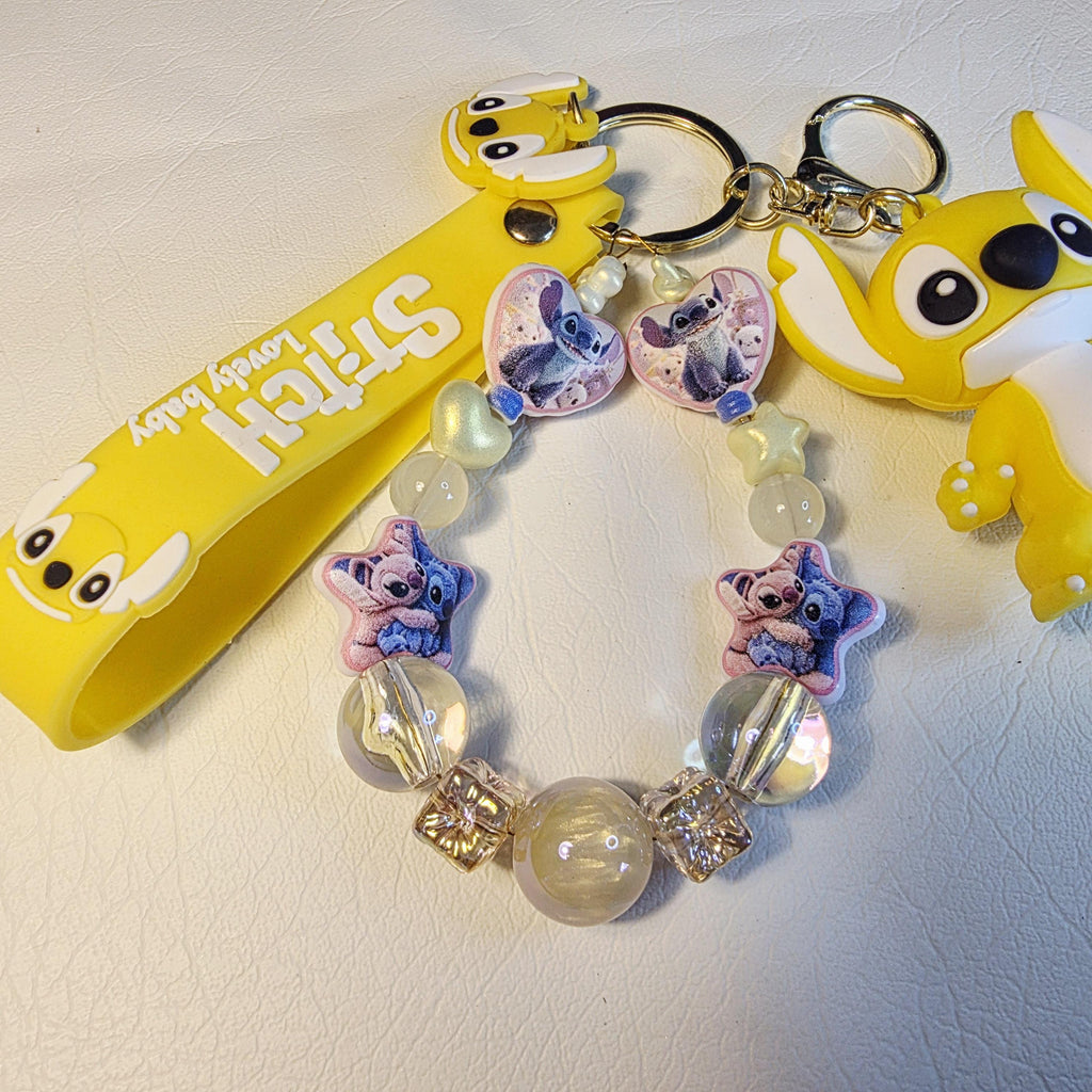 Stitch Inspired Bag Charm, Keychain, Yellow Beaded Strap, Cartoon Accessory