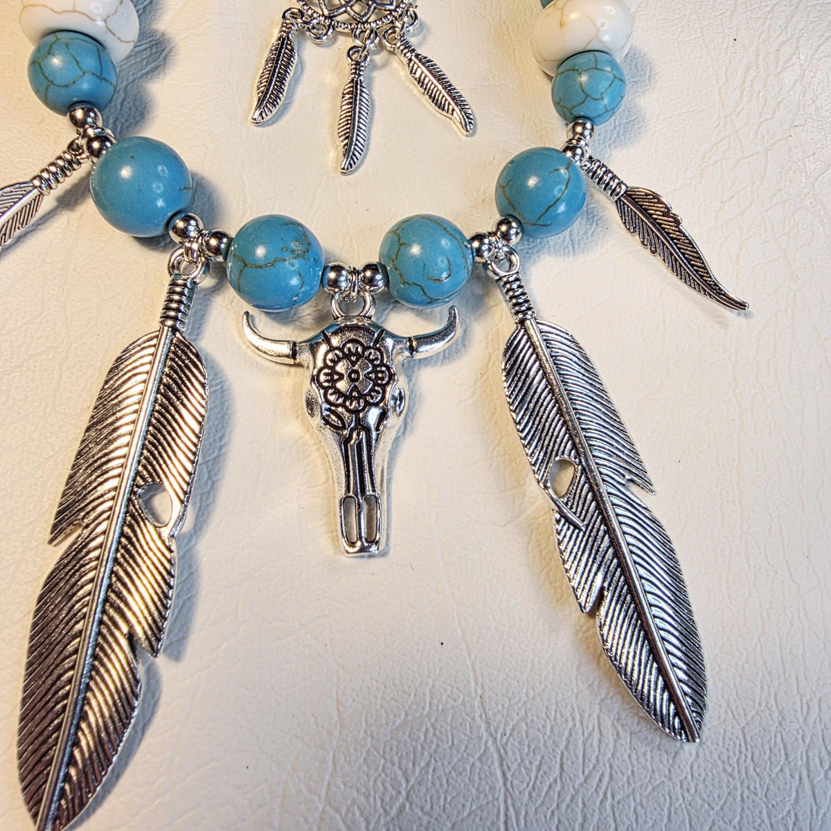 Western Cow Skull Car Mirror Hanger | Turquoise Dreamcatcher Boho Charm
