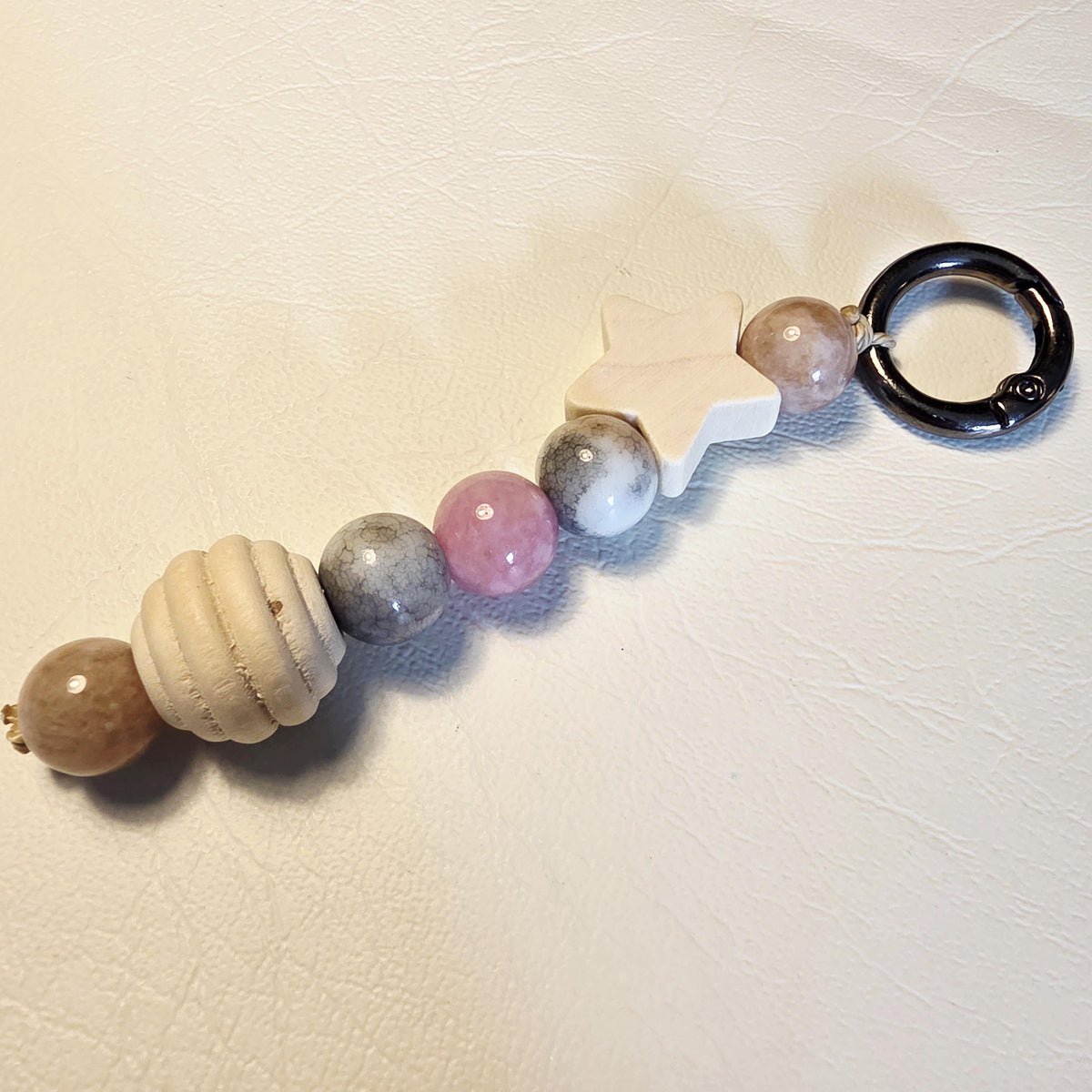 Natural Stone & Wooden Star Bag Charm | Boho Keyring | Handmade Earthy Accessory – Blush Grey