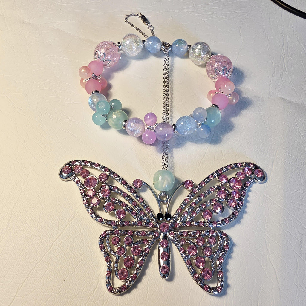 Pastel Butterfly Car Hanger | Handmade Rear View Mirror Charm | One of a Kind Car Accessory | Crystal Butterfly Decor