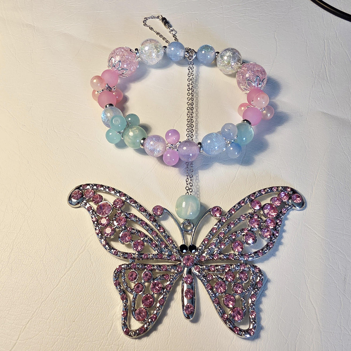 Pastel Butterfly Car Hanger | Handmade Rear View Mirror Charm | One of a Kind Car Accessory | Crystal Butterfly Decor