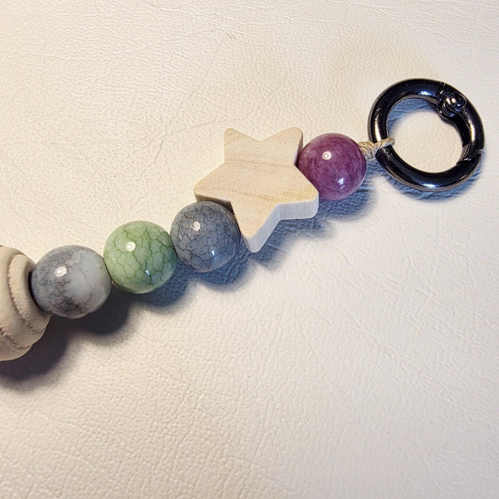 Natural Stone & Wooden Star Bag Charm | Handmade Earthy Keyring | Boho Bead Accessory – Blush Berry