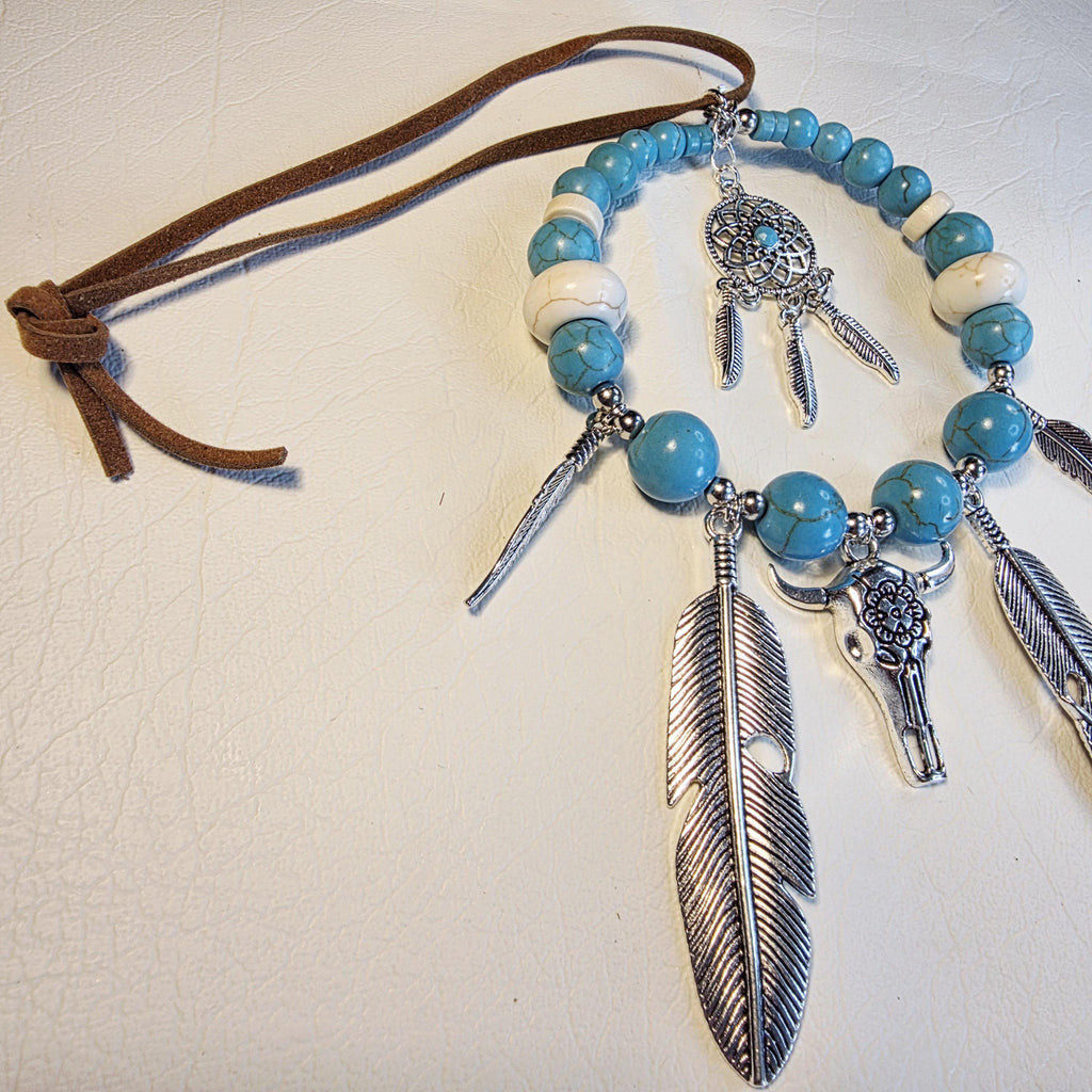 Western Cow Skull Car Mirror Hanger | Turquoise Dreamcatcher Boho Charm