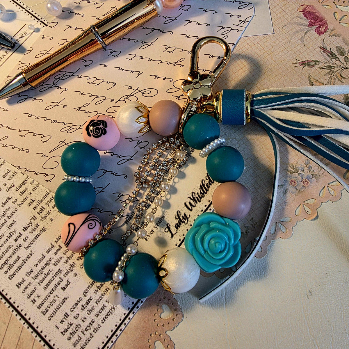 Kate Bag Charm | Green Rose Pearl Statement Keychain | Regency Inspired Charm | Bridgerton Inspired Accessory | Romantic Gift