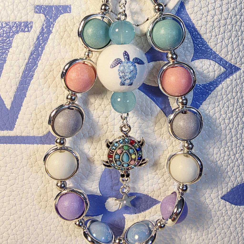 Pastel Turtle Charm Keychain | Silver Ocean Beaded Bag Charm | Handmade Coastal