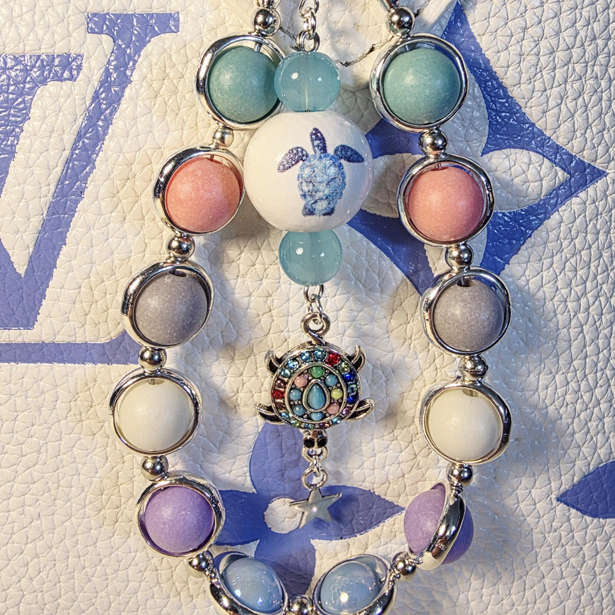 Pastel Turtle Charm Keychain | Silver Ocean Beaded Bag Charm | Handmade Coastal