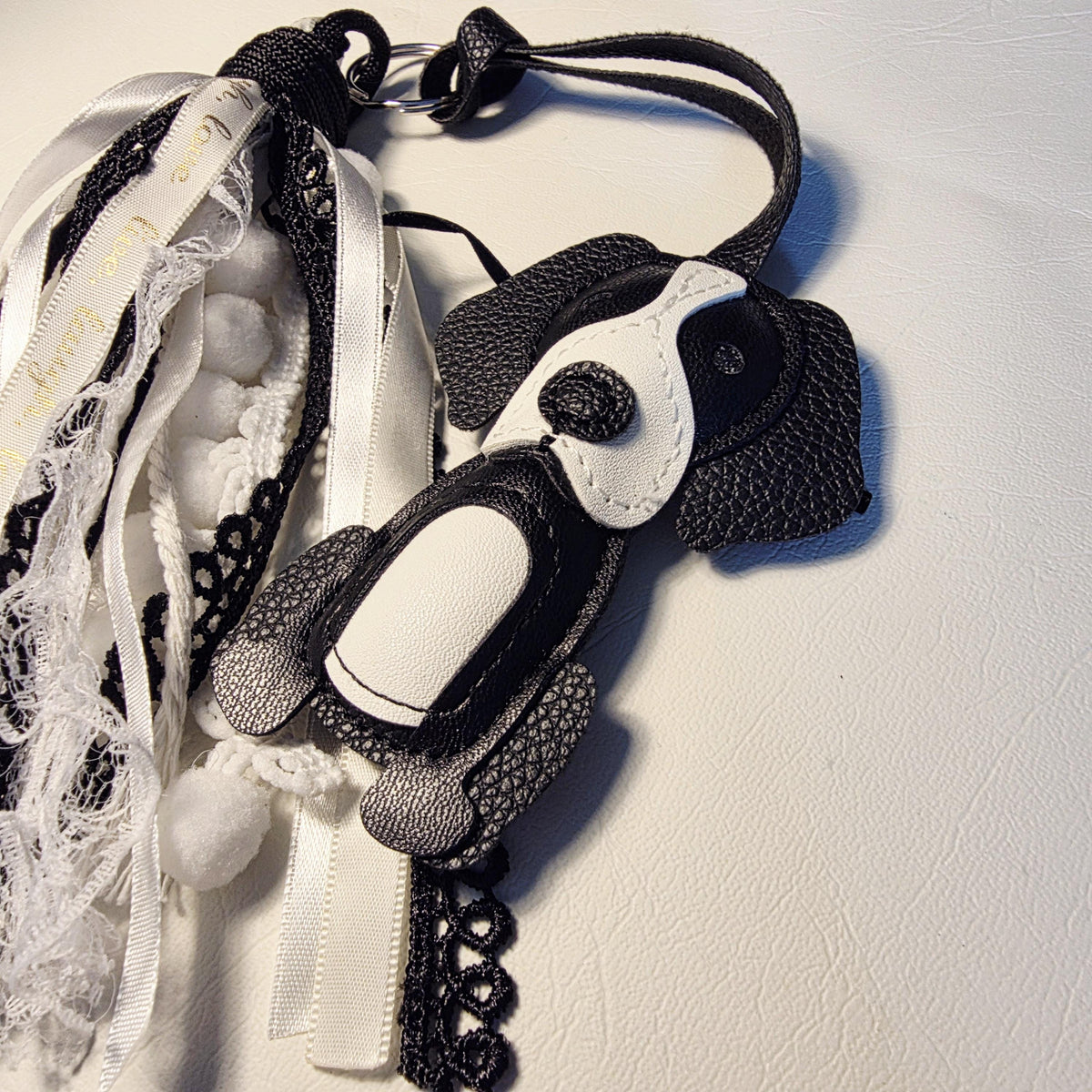 Faux Leather Dog Bag Charm with Lace | Ribbon Tassel