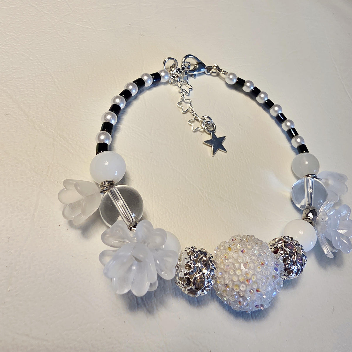Crystal Snowflower Bracelet | Handmade White Bead Bracelet | Adjustable One of a Kind Gift
