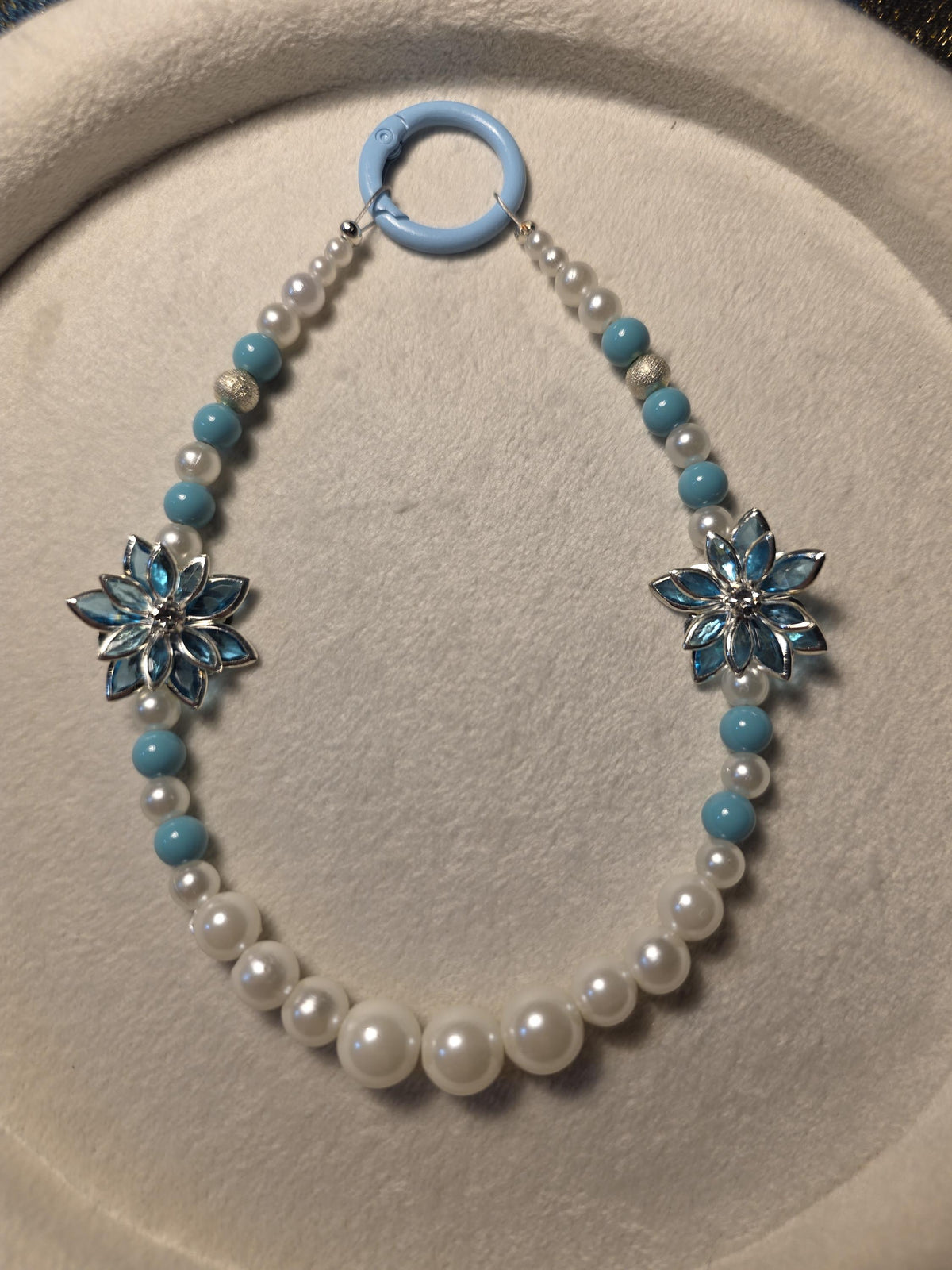 Blue Flower Multi-Use Beaded Keychain or Phone Charm | Elegant Pearl Wrist Strap | Handmade in Australia