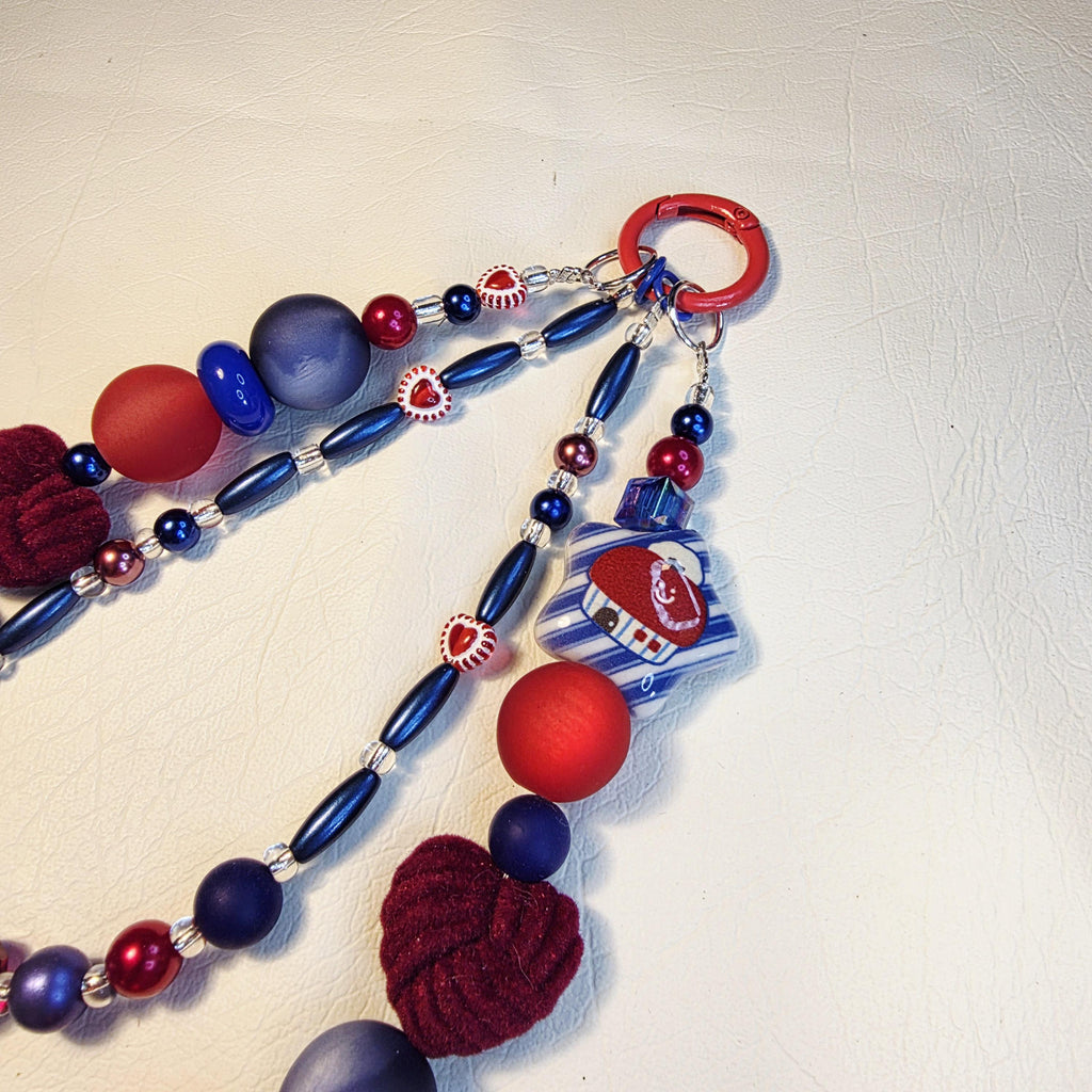 Velvet Heart Phone Charm | Red Blue Beaded Strap | Glam Bag Charm