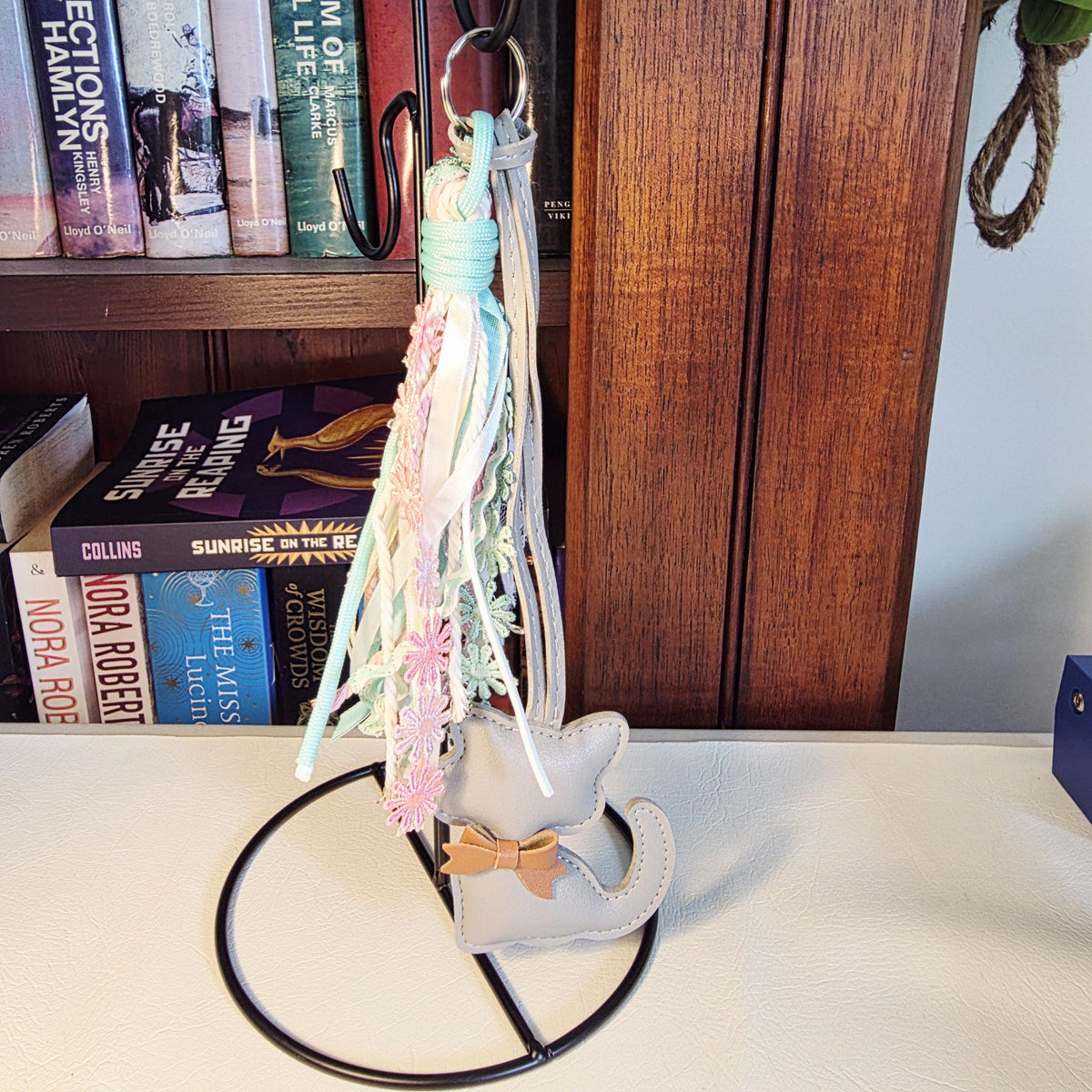 Grey Faux Leather Cat Bag Charm | Handmade Tassel Keychain