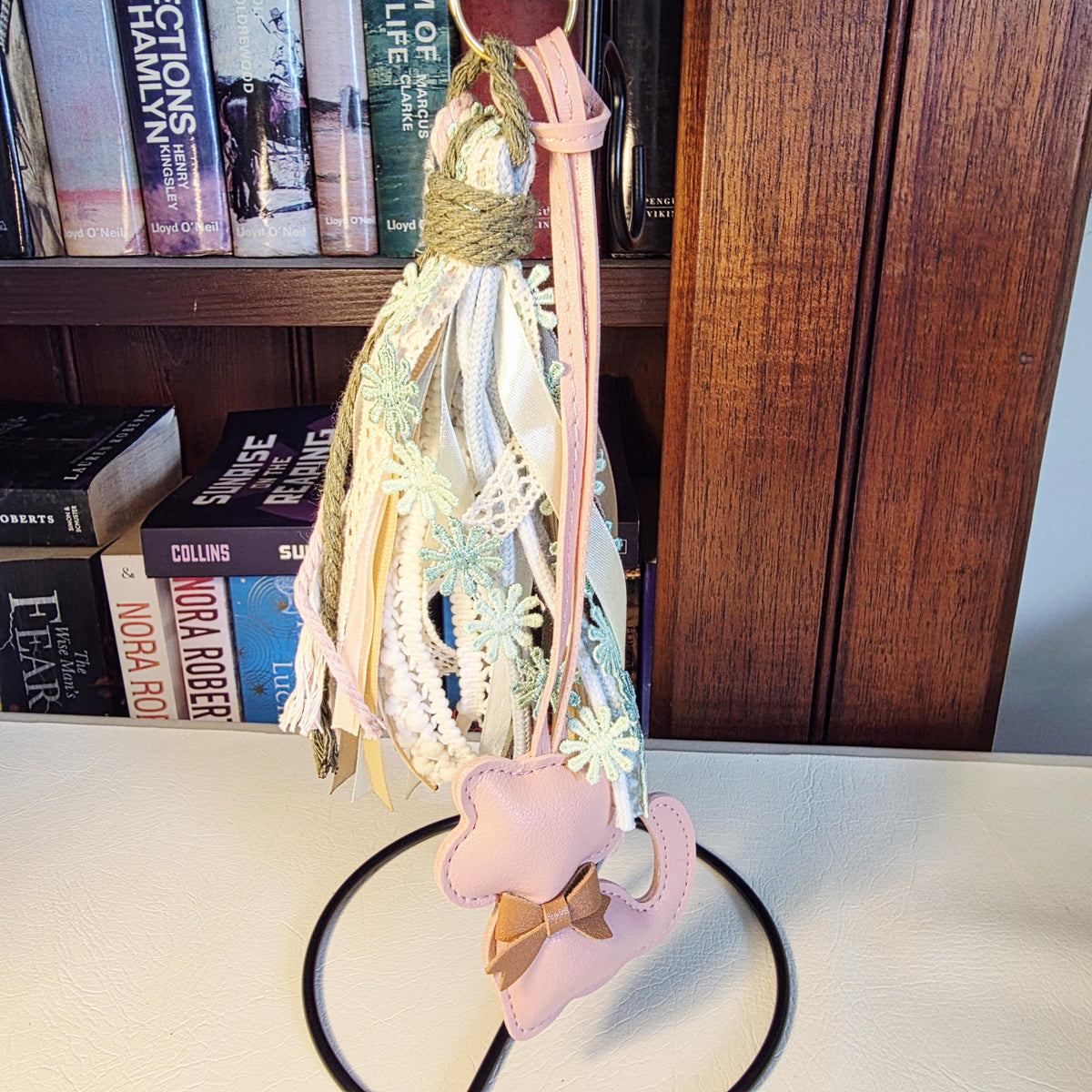Dusky Pink Faux Leather Cat Bag Charm | Handmade Tassel Keychain