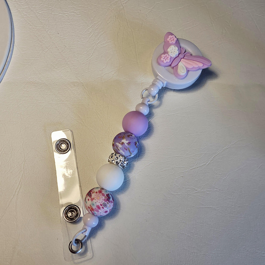 Lavendar Butterfly Badge Reel | Silicone Bead Retractable ID Holder | Handmade